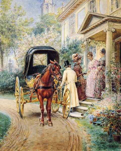 Mrs. Lydig and Her Daughter Greeting Their Guest Oil Painting - Edward Lamson Henry