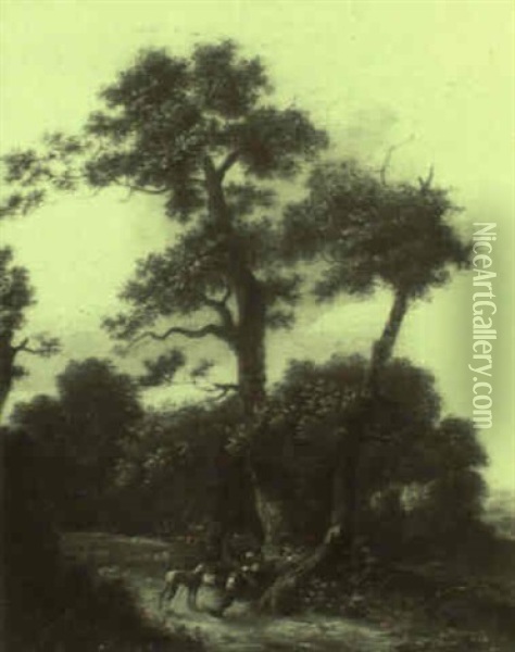 Hunter And His Dog At Rest Under A Tree Oil Painting - Anthonie Waterloo