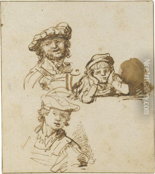 Studies Of Two Men In Hats And A Boy Leaning On Hishands, All Head And Shoulders Oil Painting - Govert Teunisz. Flinck