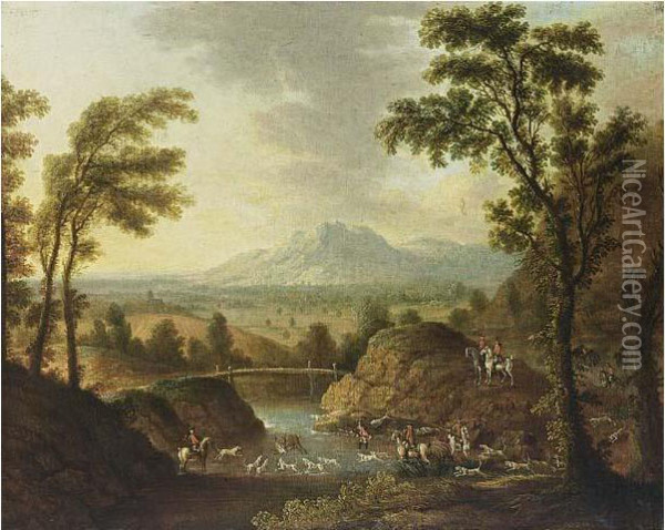 A Hilly Riverlandscape With A Stag Hunt Oil Painting - Johann Christian Fiedler