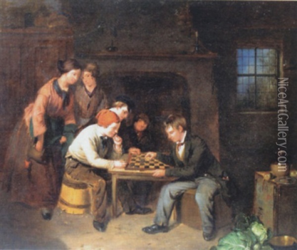 Interior Scene With Two Boys Playing Draughts Oil Painting - William Henley