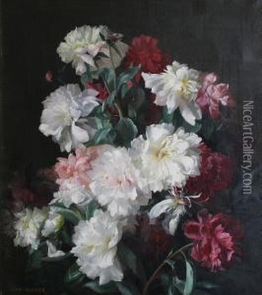 White, Pink And Dark Red Peonies Oil Painting - Jean Benner