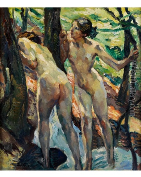 Zwei Frauenakte Nach Dem Bade Oil Painting - Leo Putz