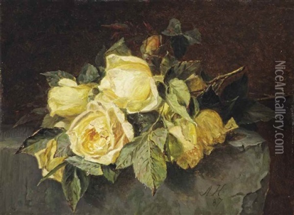 Yellow Roses On A Stone Slate Oil Painting - Adriana Johanna Haanen