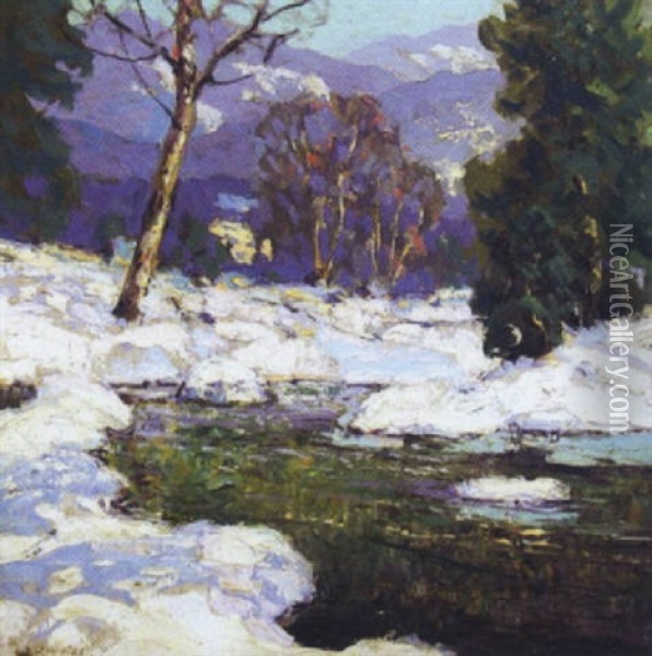 Impressionist Winter Landscape With Creek Oil Painting - Walter Koeniger