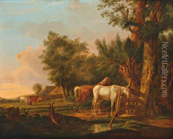 Weide Met Rustende Paarden Bij Een Hek Oil Painting - Arie Johannes Lamme
