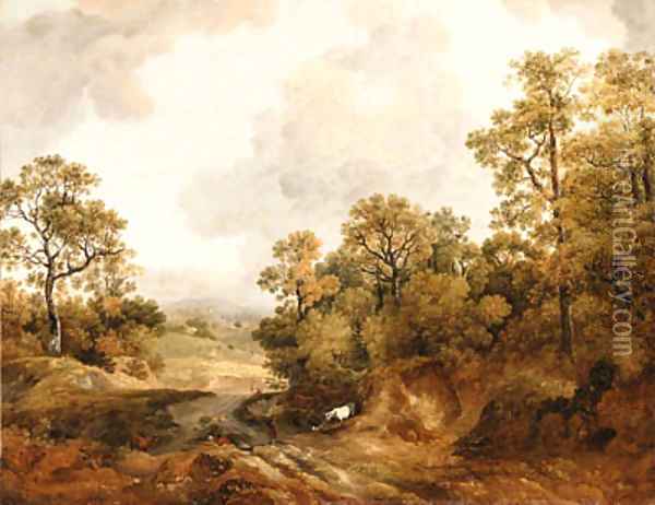 A wooded Landscape with Shepherds and Cows Oil Painting - Thomas Barker of Bath