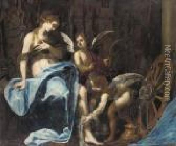 Saint Catherine Of Alexandria Tended By Putti Oil Painting - Simone Pignone
