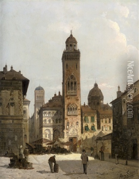 Marktplatz Vor Dem Rathaus In Pestrina - Capriccio Oil Painting - August Siegen