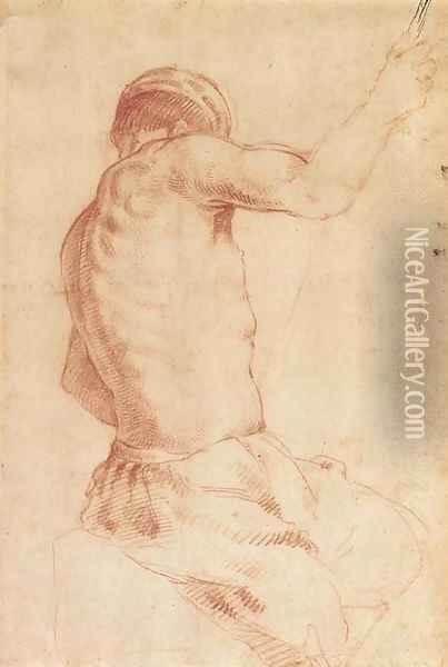 A seated man holding a staff, seen from behind Oil Painting - Annibale Carracci