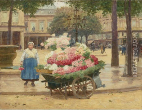 Flower Seller Place Du Theatre Francais Oil Painting - Victor-Gabriel Gilbert