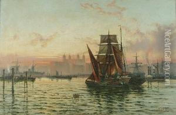 Shipping On The Thames At Dusk, With The Tower Of London In The Background Oil Painting - Charles John de Lacy