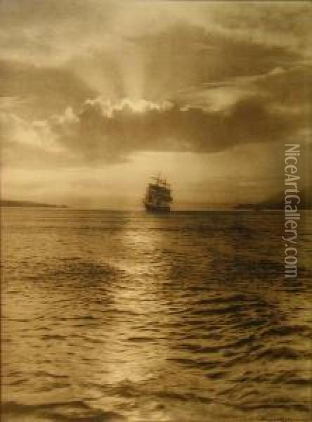 Ship And San Francisco Headlands Oil Painting - Willard E. Worden