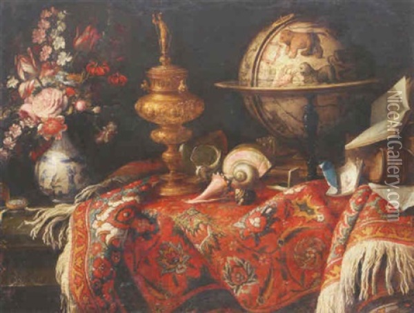 Vase De Fleurs, Mappemonde Et Orfevrerie Sur Un Tapis Oil Painting - Meiffren Conte