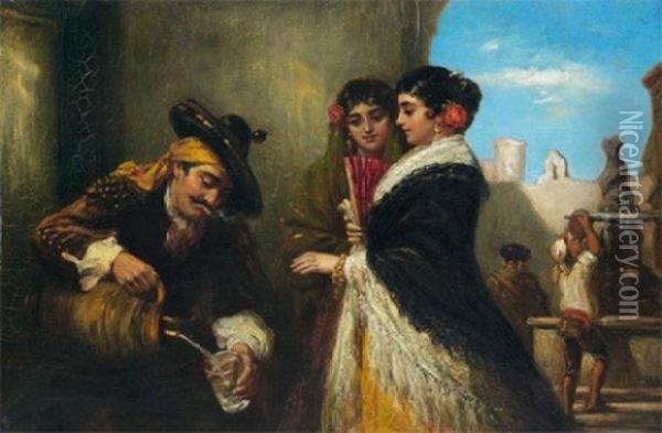 Sevillanes A La Fontaine Oil Painting - John Bagnold Burgess