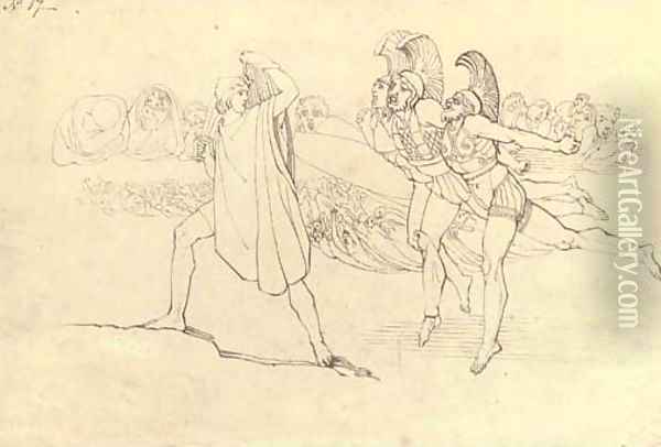 Illustration to Homer's Odyssey Odysseus terrified by the ghosts Oil Painting - John Flaxman