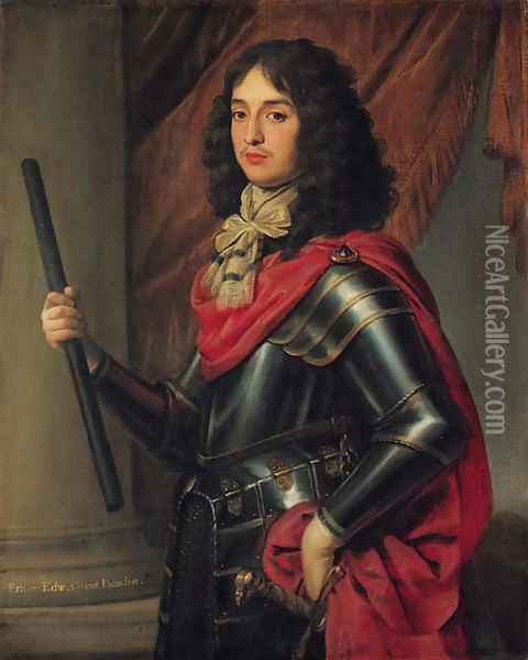 Portrait of Prince Edward of the Palatinate (1625-1663), three-quarter-length, in armour and a red mantle, a baton in his right hand, before a column Oil Painting - Gerrit Van Honthorst