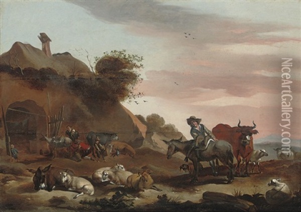 Herdsmen And Their Cattle At Rest In A Landscape Oil Painting - Jacob van der Does the Elder