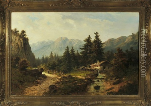 Romantische Gebirgslandschaft Mit Wanderer Am Bachlauf, Im Hintergrund Eine Hutte Oil Painting - Julius Lange