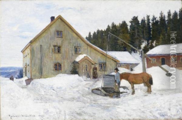 Farmyard, Winter Oil Painting - Gerhard Peter Frantz Munthe