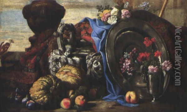 Natura Morta Con Vaso Di Fiori, Piatto E Brocca In Metallo Oil Painting - Abraham Brueghel
