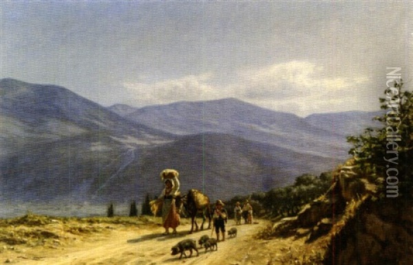 Travelers On A Mountain Road Oil Painting - Niels Frederik Schiottz-Jensen