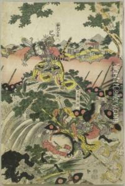 Shuntei, Kutsakawa . Samurei F?rst Kudo Suketsune Erlegt Einen Hirsch. Japan, 1800/1810
. Farbholzschnitt. Signiert Oil Painting - Katsukawa Shuntei