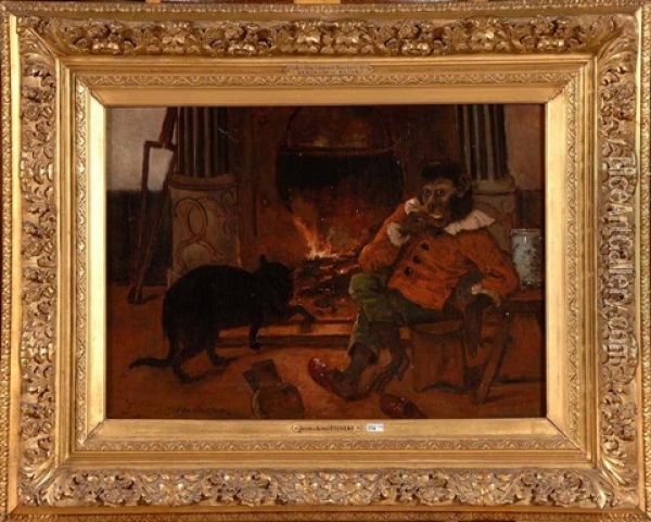Singe Anthropomorphe Et Son Chat Devant Le Feu Oil Painting - Joseph (Edouard J.) Stevens
