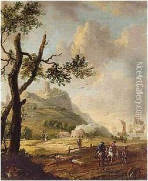 Coastal Landscape With Riders Conversing With A Traveller, Dutch Shipping Beyond Oil Painting - Abraham Storck