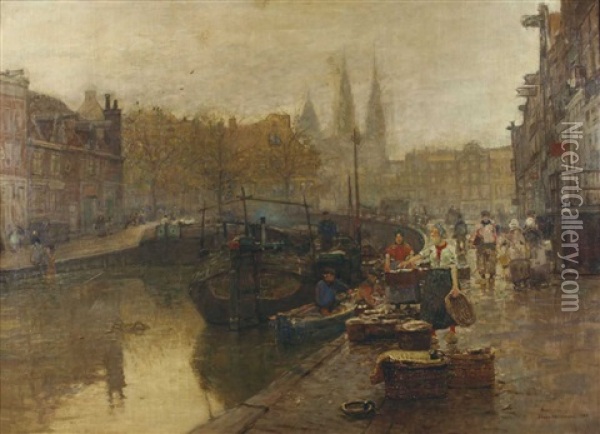 Amsterdamer Gracht Mit Fischhandlern Oil Painting - Hans Herrmann