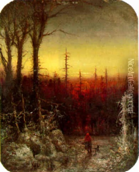 Hunter In A Winter Sunset Oil Painting - Jervis McEntee