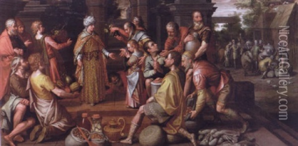 Joseph Distributing The Harvest To The Egyptians And Benjamin Being Presented To His Brother Oil Painting - Nicolas De Hoey