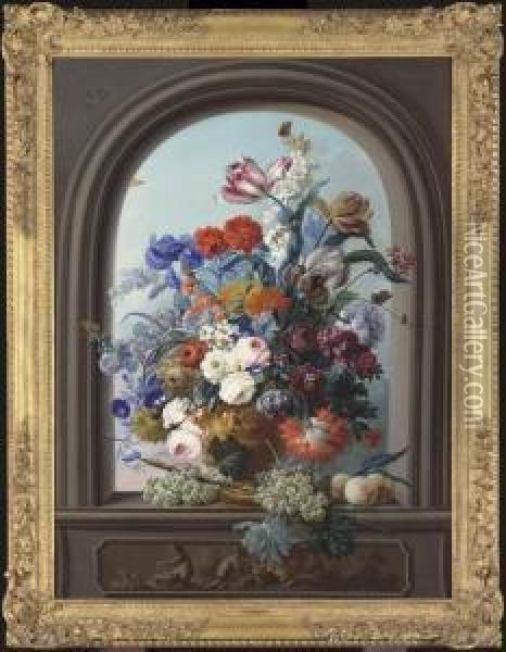 Flowers In A Sculpted Urn Oil Painting - Johann Baptist Drechsler