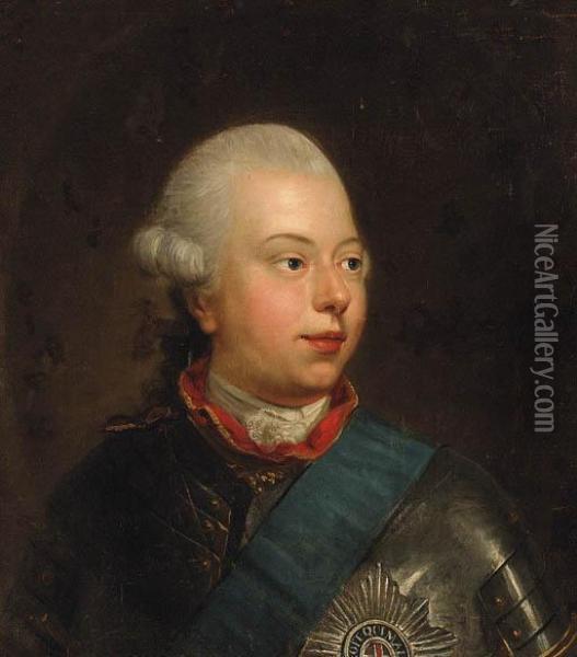 Portrait Of William V, Prince Of
 Orange, Bust-length, In Armour, Ablue Sash And And A Garter Star Oil Painting - Johann Heinrich The Elder Tischbein