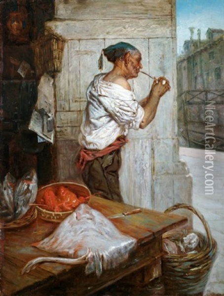 Venezianischer Fischhandler Oil Painting - Tito Conti