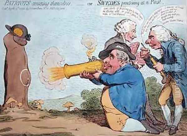 Patriots amusing themselves or Swedes practising at a Post 2 Oil Painting - James Gillray