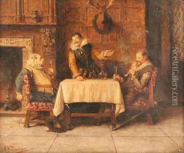 Interior Scene With Three Men Drinking At A Table Oil Painting - Alfred Holst Tourrier