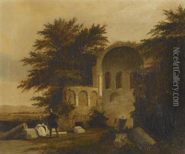 Biedermeierliches Paar Vor Romanischer Kirchenruine. Oil Painting - Antoine Xavier Gabriel Gazeau De Comte De La Bouere