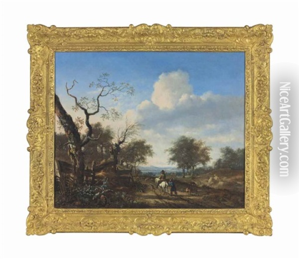 A Wooded Landscape With Hunters And Herdsmen On A Track Oil Painting - Jan Wijnants