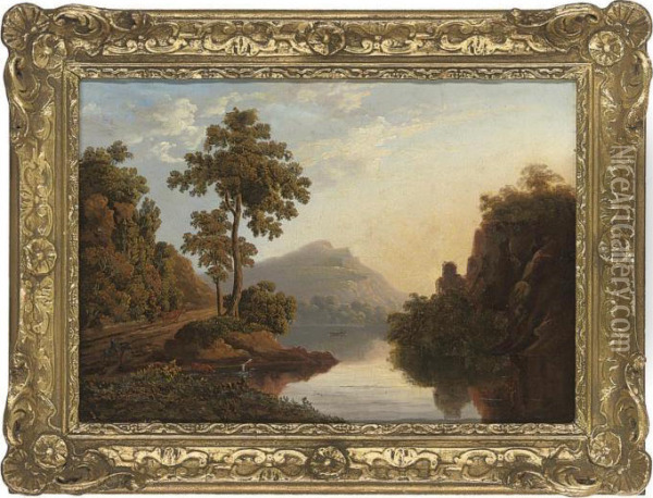 A Wooded Mountainous River Landscape With Cattle Watering Oil Painting - James Arthur O'Connor