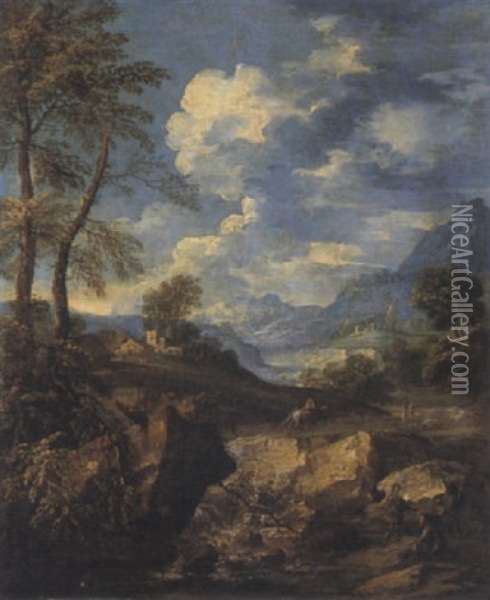 Paesaggio Fluviale Con Viandanti Oil Painting - Marco Ricci