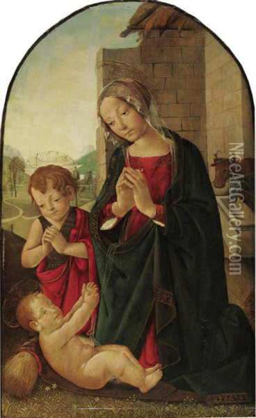 The Madonna And The Infant Baptist Adoring The Infant Christ Oil Painting - Master Of The Fiesole Epiphany