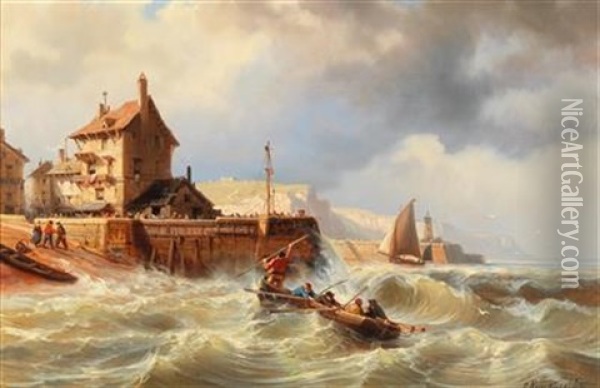 Stormy Seas Off A Small Harbour Town Oil Painting - Charles Euphrasie Kuwasseg