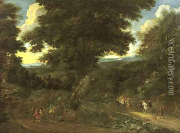A wooded landscape with travellers on horseback Oil Painting - Jacques d' Arthois