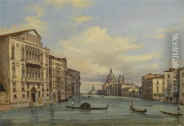 Venice, A View Of The Grand Canal From The Ponte Dell'accademia Looking Towards Santa Maria Della Salute Oil Painting - Giovanni Grubas
