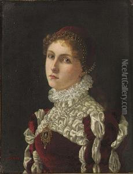 Portrait Of A Lady, Bust-length, In A Red Dress And Cap Embroidered With Pearls Oil Painting - Herbert Sidney