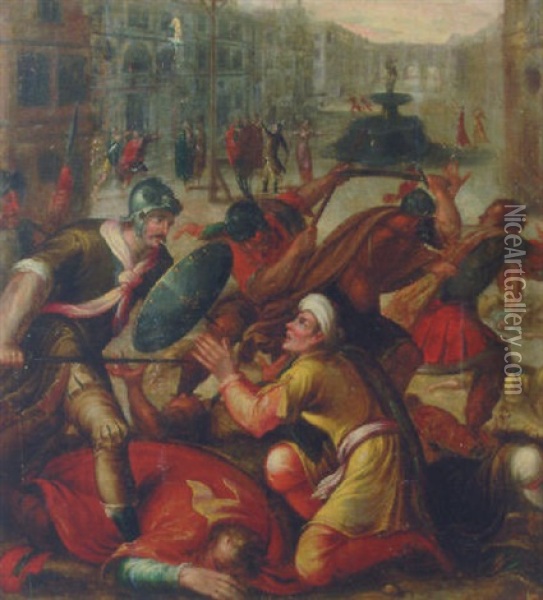 Footsoldiers Invading A City Oil Painting - Karel van Mander the Elder