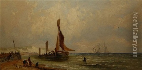 Shipping Off The Coast With Fishermen Landing Their Catch Oil Painting - James E. Meadows