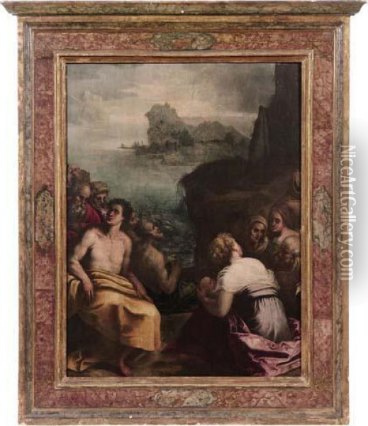 Scena Biblica (predica Di Sant'antonio Ai Pesci) Oil Painting - Domenico Riccio Brusasorzi