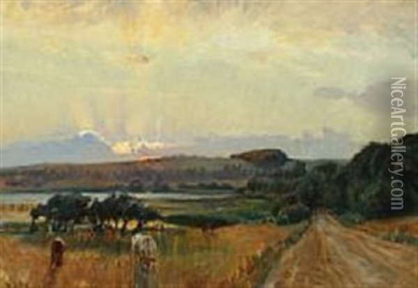 Landscape With Cows In The Field Oil Painting - Niels Pedersen Mols